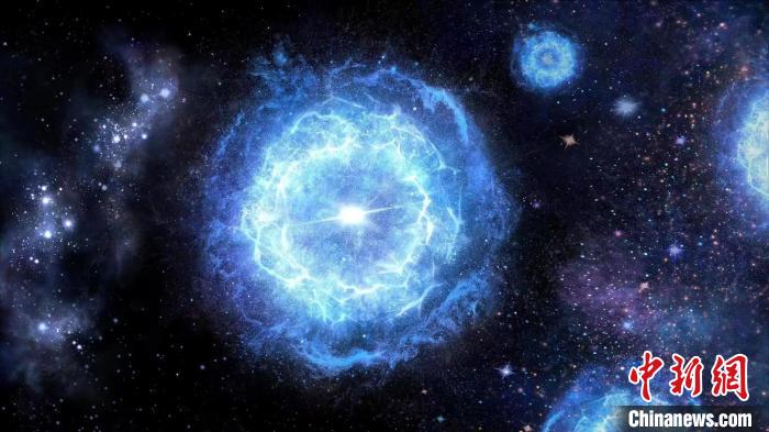 第一代超大質(zhì)量恒星演化成為“對(duì)不穩(wěn)定超新星”的藝術(shù)展示圖。　中科院國(guó)家天文臺(tái) 供圖