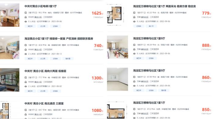 北京市海淀區(qū)部分高單價(jià)二手房源截圖。