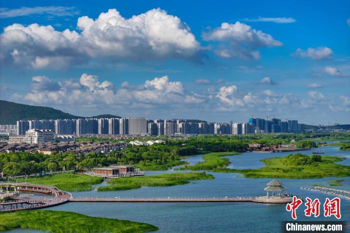 資料圖：航拍蘇州太湖湖濱國家濕地公園，藍天碧水生態(tài)美。 泱波 攝