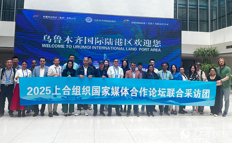 5月26日，外國(guó)媒體人在烏魯木齊國(guó)際陸港區(qū)合影留念。 人民網(wǎng)記者 翟轉(zhuǎn)麗攝