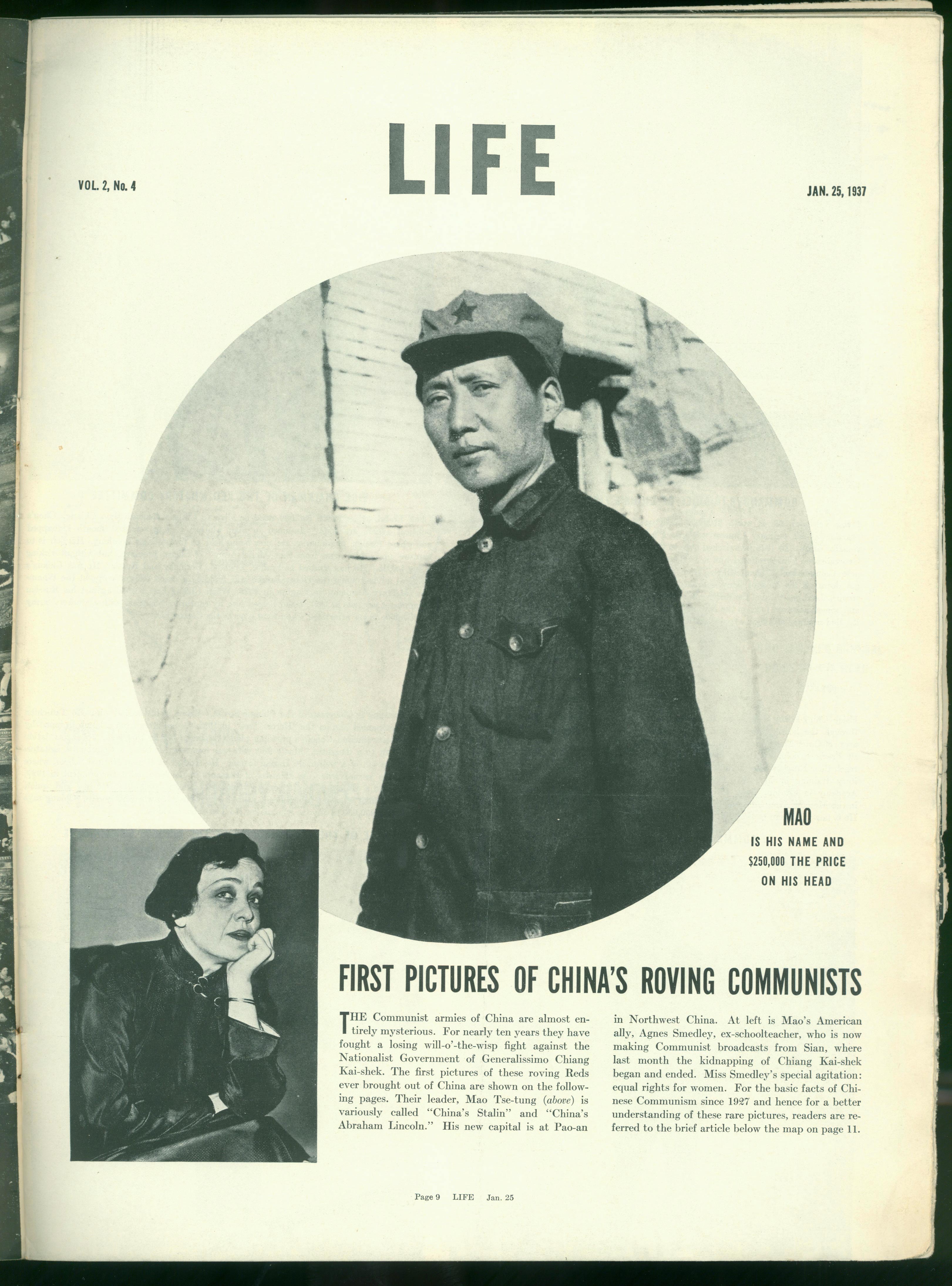 1937年1月25日，美國(guó)《生活》周刊刊登毛澤東照片，照片右下方寫(xiě)著一行字：“毛，這是他的名字，他的人頭價(jià)值25萬(wàn)元。”