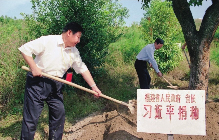 2001年10月，習(xí)近平在龍巖市長(zhǎng)汀縣調(diào)研水土流失治理工作，在河田世紀(jì)生態(tài)園為樹培土。圖源：《習(xí)近平在福建（下）》