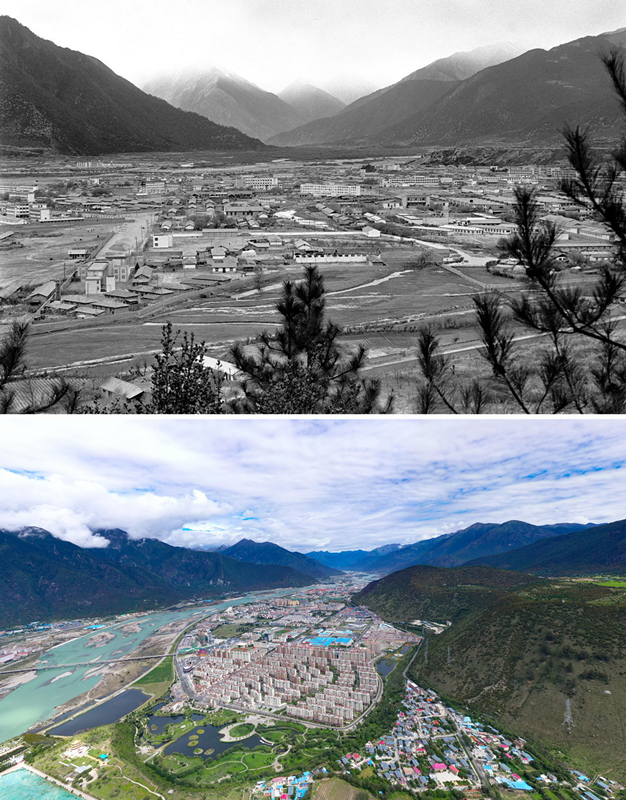 拼版照片：上圖是20世紀(jì)90年代的西藏林芝八一鎮(zhèn)；下圖是2021年7月20日拍攝的西藏林芝八一鎮(zhèn)風(fēng)貌。