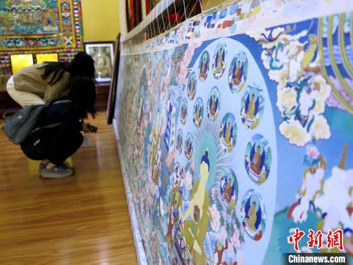 圖為民眾參觀半成品的唐卡?！?zhí)砀?攝