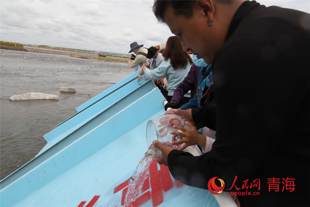 群眾放流青海湖裸鯉。人民網(wǎng) 陳明菊攝