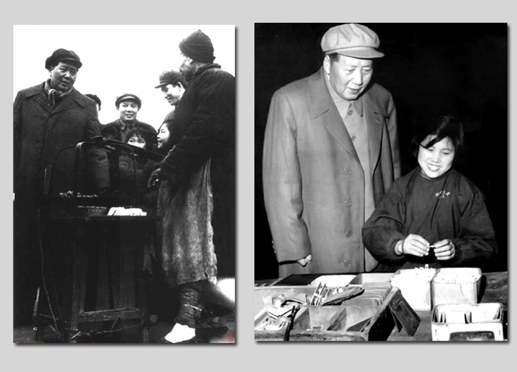 左圖：1953年，毛主席在湖北武漢蛇山與小販交談。右圖：1958年，毛主席視察沈陽市小型開關(guān)廠（今沈陽二一三電器有限公司），同裝配女工蘇玉春交談。